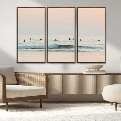 98888919-MGV-FC-48X32-3P_Walnut-Pastel Ocean Wall Art Canvas Print, Framed Soft Sunset Swimming Art Picture Print, Calm Sea Horizon Perfect Soft Coastal
