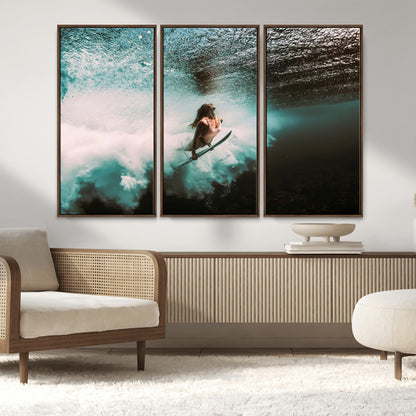 85923512-MGV-CV-36X24-Aquatic Motion Wall Art Canvas Print, Framed Underwater Swimming Art Picture Print, Female Surfer Diving Perfect Coastal Boho