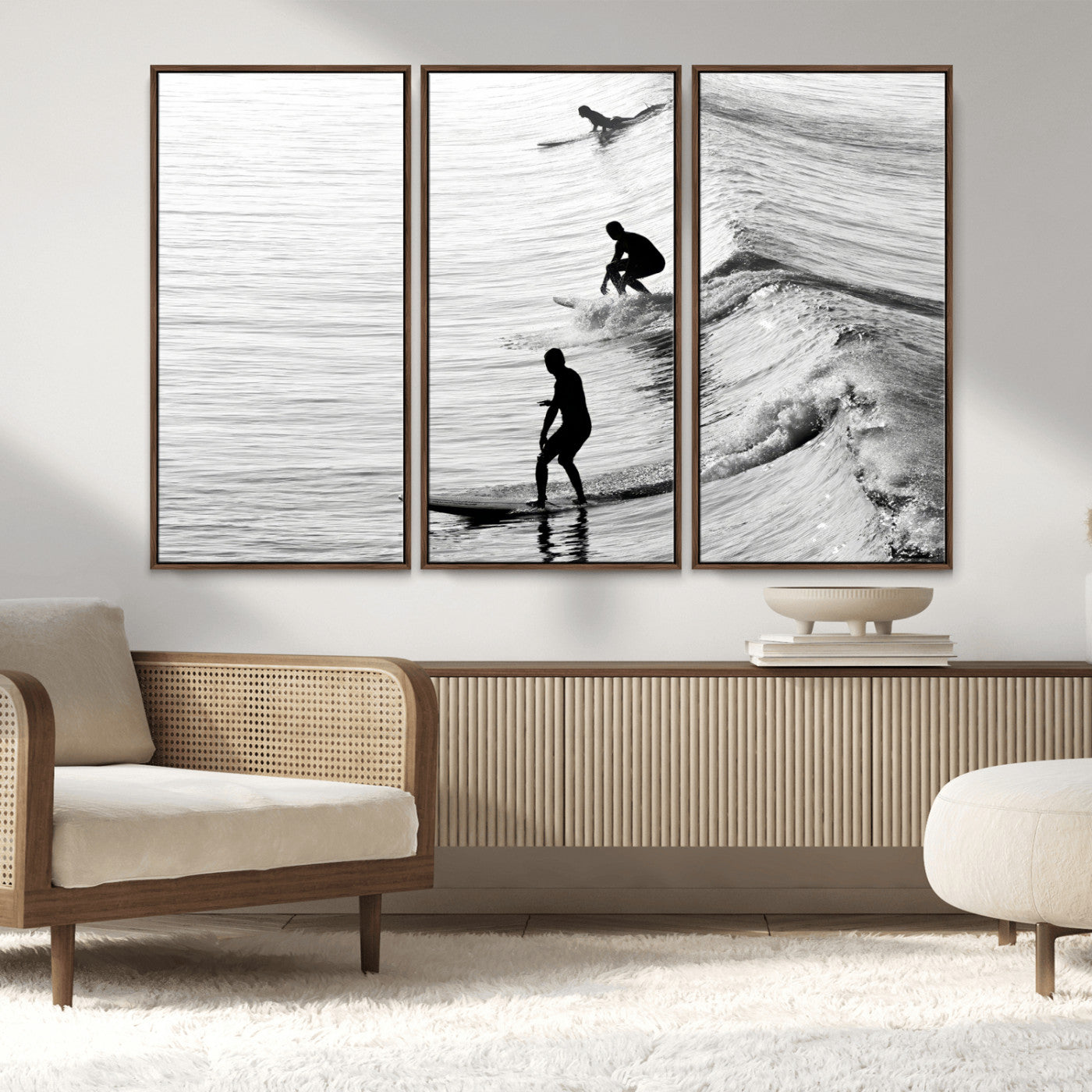 19875284-MGV-CV-36X24-Surfer Waves Wall Art Canvas Print, Framed Black White Surf Art Picture Print, Monochrome Ocean Perfect Modern Coastal Decor