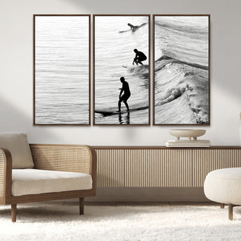 19875284-MGV-CV-36X24-Surfer Waves Wall Art Canvas Print, Framed Black White Surf Art Picture Print, Monochrome Ocean Perfect Modern Coastal Decor
