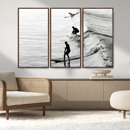 19875284-MGV-CV-36X24-Surfer Waves Wall Art Canvas Print, Framed Black White Surf Art Picture Print, Monochrome Ocean Perfect Modern Coastal Decor