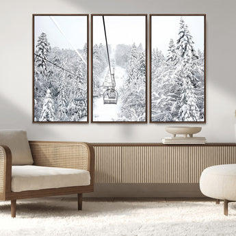 44705668-MGV-FC-48X32-3P_Walnut-Winter Forest Wall Art Canvas Print, Framed Snowy Forest Art Picture Print, Ski Lift Perfect Scandinavian Decor Artwork