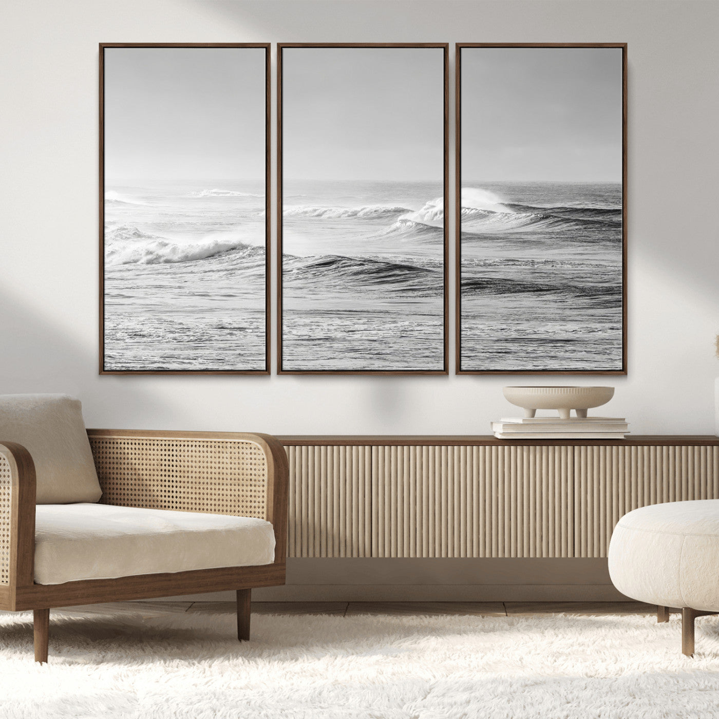 98634812-MGV-FC-48X32-3P_Walnut-Black and White Ocean Waves Wall Art – Minimalist Sea Canvas Print, Coastal Photography Decor for Living Room, Bedroom or Office