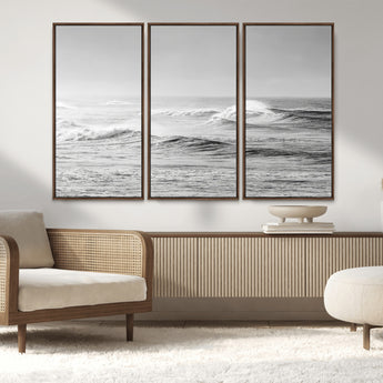 98634812-MGV-FC-48X32-3P_Walnut-Black and White Ocean Waves Wall Art – Minimalist Sea Canvas Print, Coastal Photography Decor for Living Room, Bedroom or Office