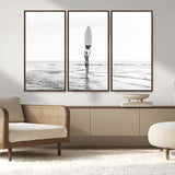 98446901-MGV-FC-48X32-3P_Walnut-Monochrome Surf Wall Art Canvas Print, Framed Minimalist Surfer Art Picture Print, Surfboard Silhouette Perfect Coastal Minimalist