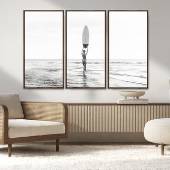 98446901-MGV-FC-48X32-3P_Walnut-Monochrome Surf Wall Art Canvas Print, Framed Minimalist Surfer Art Picture Print, Surfboard Silhouette Perfect Coastal Minimalist