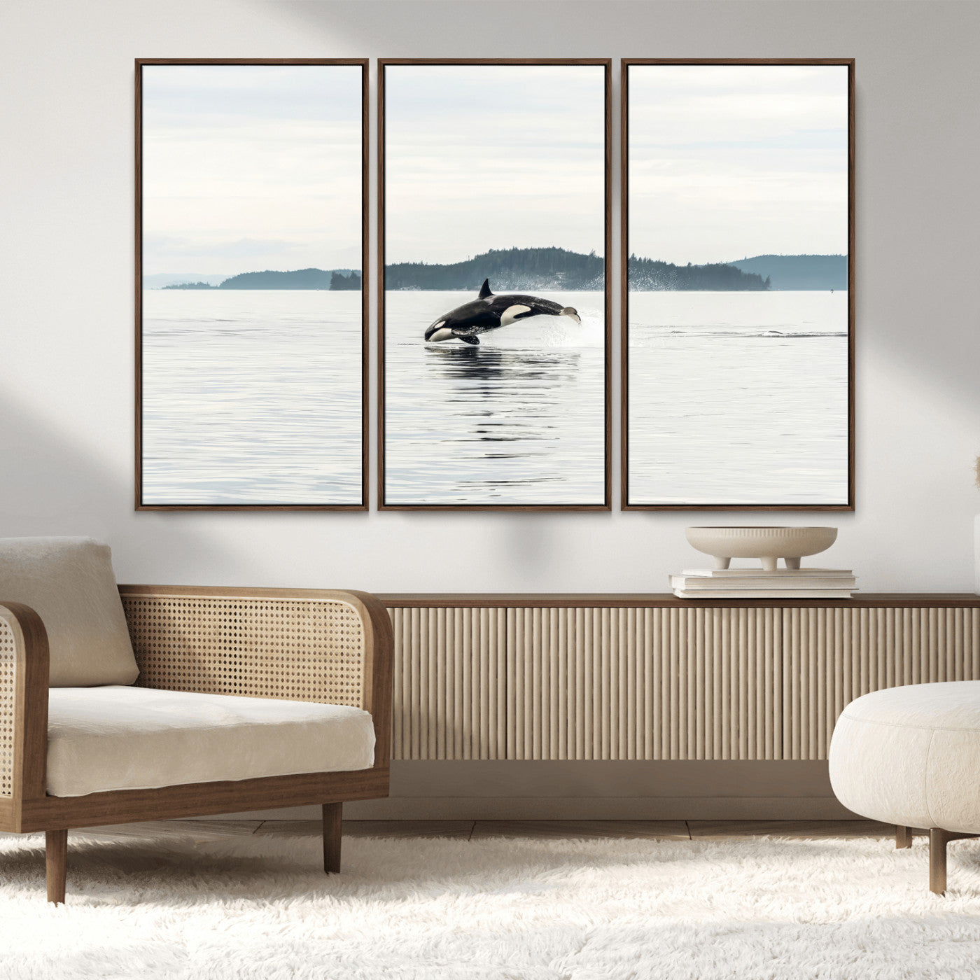 10157174-MGV-FC-48X32-3P_Walnut-Orca Whale Wall Art Canvas Print, Framed Black White Whale Art Picture Print, Minimalist Ocean Perfect Coastal Minimalist Decor
