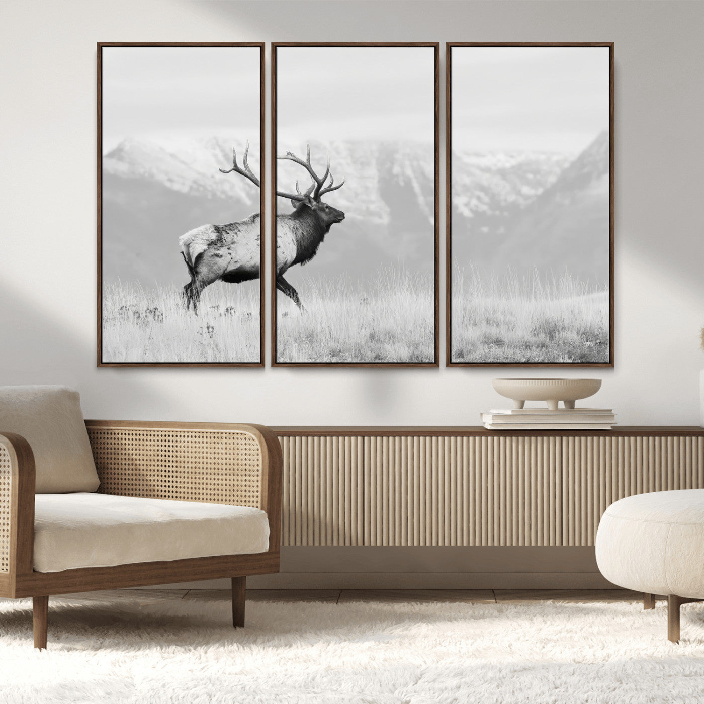 62278753-MGV-CV-36X24-Monochrome Elk Wall Art Canvas Print, Framed Mountain Wildlife Art Picture Print, Rustic Nature Perfect Rustic Minimalist Decor