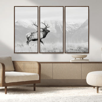 62278753-MGV-CV-36X24-Monochrome Elk Wall Art Canvas Print, Framed Mountain Wildlife Art Picture Print, Rustic Nature Perfect Rustic Minimalist Decor