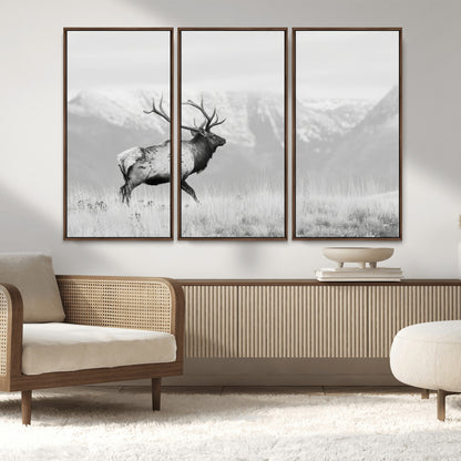 62278753-MGV-CV-36X24-Monochrome Elk Wall Art Canvas Print, Framed Mountain Wildlife Art Picture Print, Rustic Nature Perfect Rustic Minimalist Decor