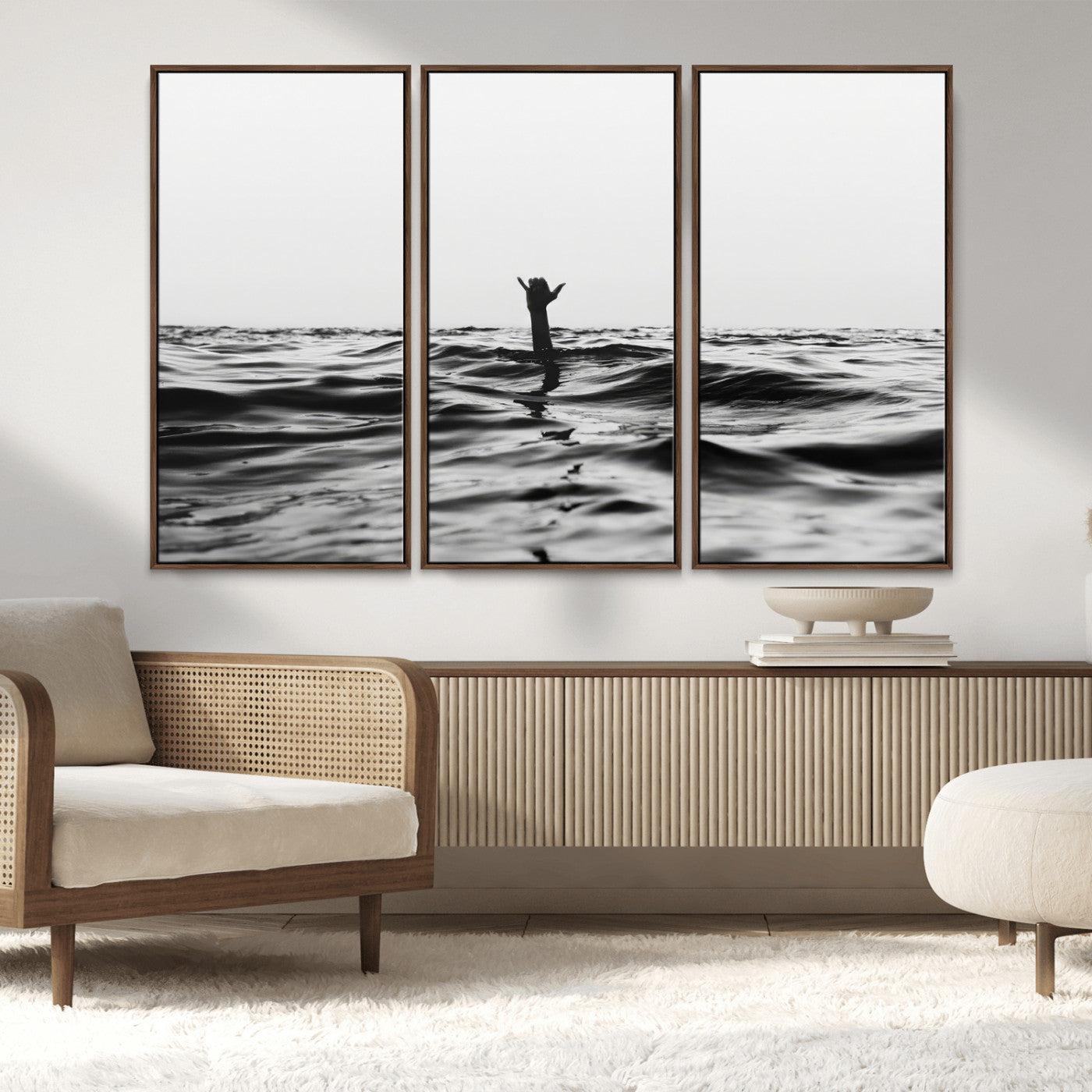 69541918-MGV-FC-48X32-3P_Walnut-Black White Ocean Wall Art Canvas Print, Framed Moody Seascape Art Picture Print, Surfer Sign Perfect Moody Minimalist Decor