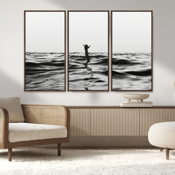 69541918-MGV-FC-48X32-3P_Walnut-Black White Ocean Wall Art Canvas Print, Framed Moody Seascape Art Picture Print, Surfer Sign Perfect Moody Minimalist Decor