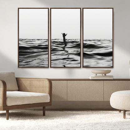 69541918-MGV-FC-48X32-3P_Walnut-Black White Ocean Wall Art Canvas Print, Framed Moody Seascape Art Picture Print, Surfer Sign Perfect Moody Minimalist Decor