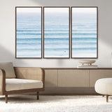 77145995-MGV-FC-48X32-3P_Walnut-Ocean Simplicity Wall Art Canvas Print, Framed Surfer on Water Art Picture Print, Light Blue Perfect Coastal Minimalist Decor