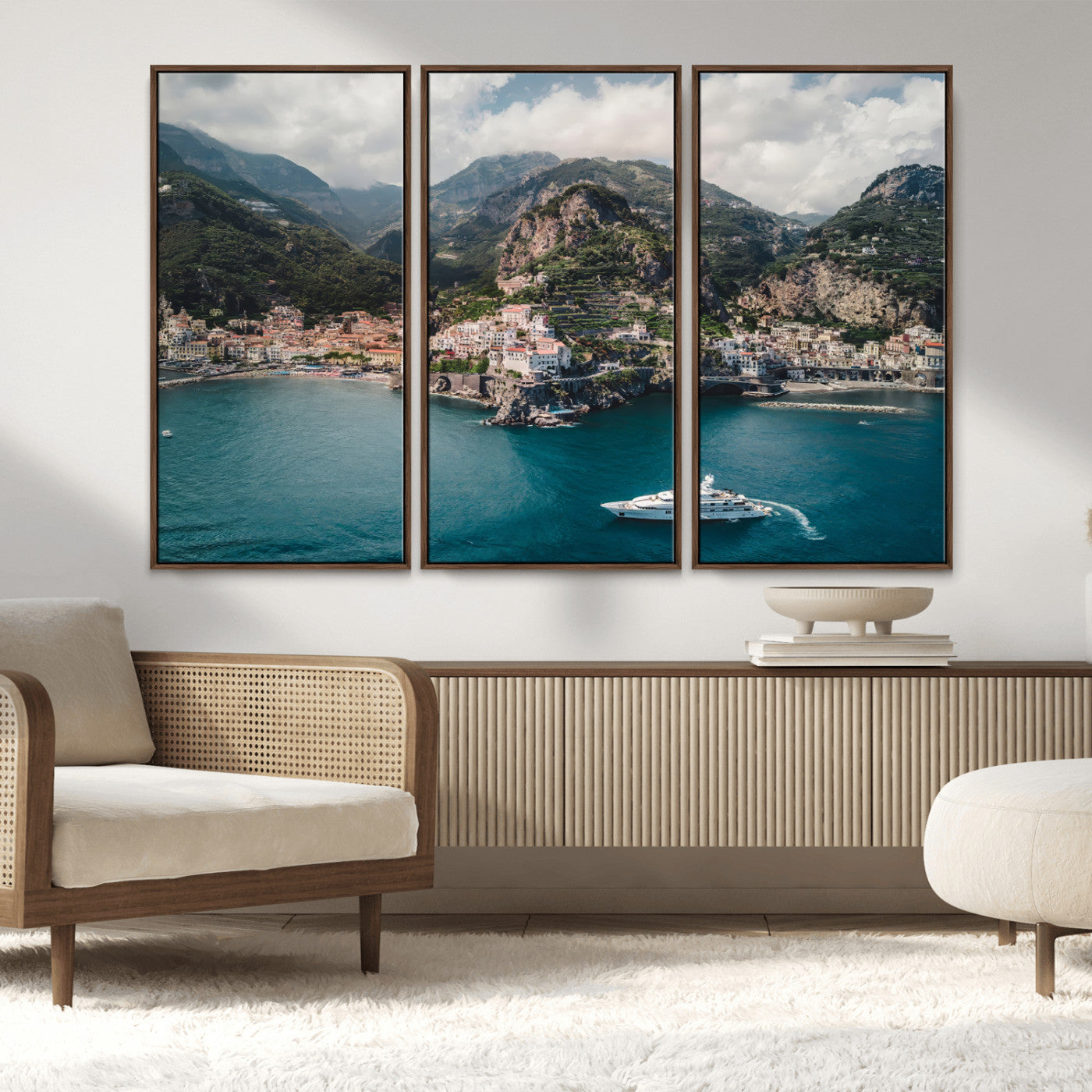 20321590-MGV-FC-48X32-3P_Walnut-Amalfi Coast Wall Art Canvas Print, Framed Italy Travel Art Picture Print, Mediterranean Landscape Perfect Mediterranean Coastal