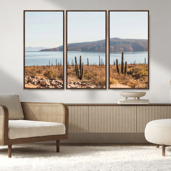 45193515-MGV-CV-36X24-Desert Cactus Wall Art Canvas Print, Framed Baja Coastline Art Picture Print, Coastal Desert Perfect Southwestern Minimalist Decor