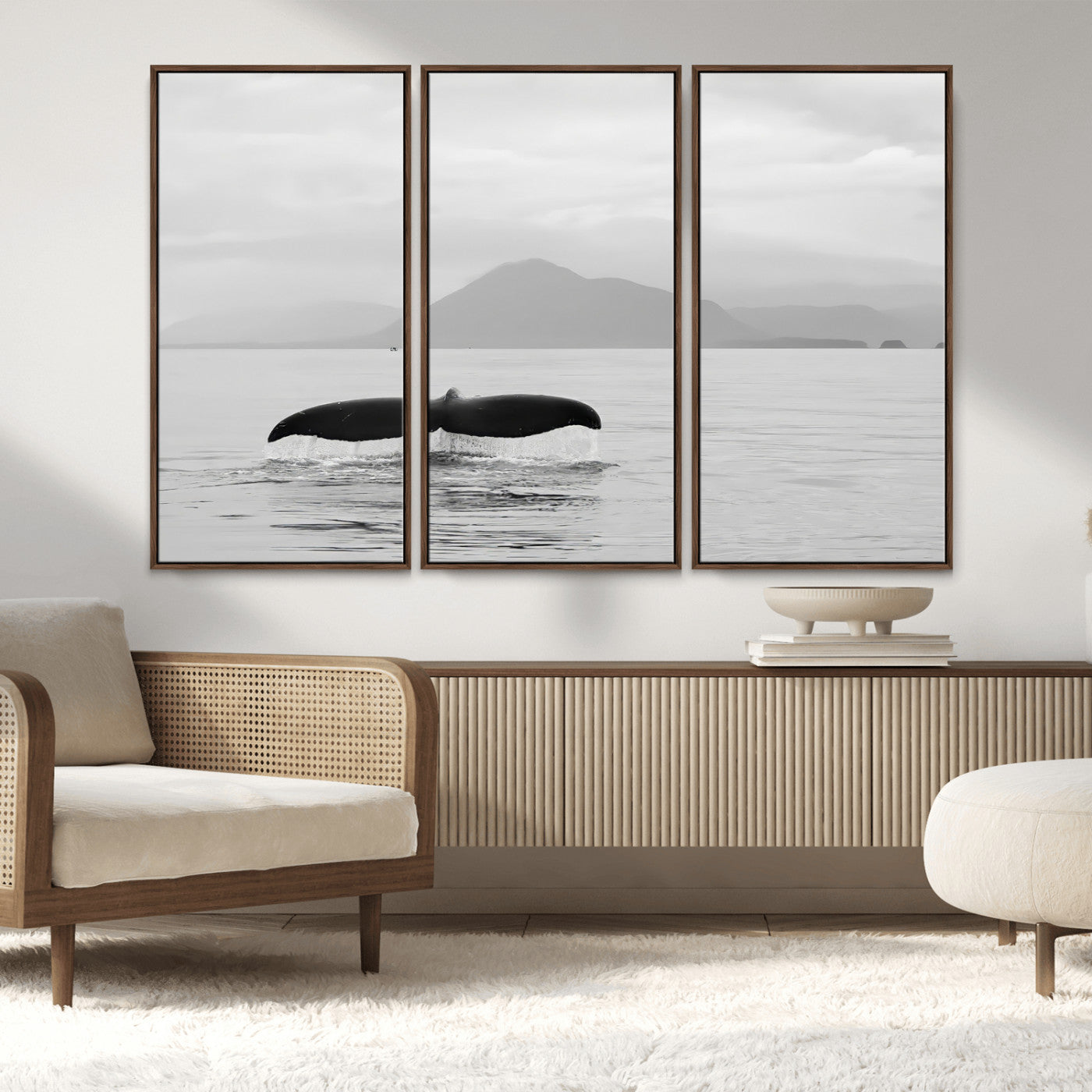30524220-MGV-FC-48X32-3P_Walnut-Whale Tail Wall Art Canvas Print, Framed Black White Ocean Art Picture Print, Calm Marine Perfect Minimalist Coastal Decor Artwork
