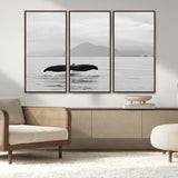 30524220-MGV-FC-48X32-3P_Walnut-Whale Tail Wall Art Canvas Print, Framed Black White Ocean Art Picture Print, Calm Marine Perfect Minimalist Coastal Decor Artwork