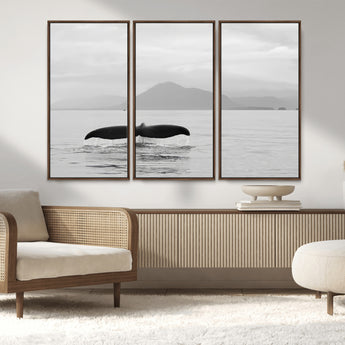 30524220-MGV-FC-48X32-3P_Walnut-Whale Tail Wall Art Canvas Print, Framed Black White Ocean Art Picture Print, Calm Marine Perfect Minimalist Coastal Decor Artwork