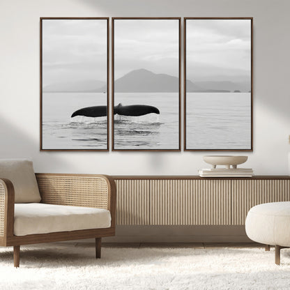 30524220-MGV-FC-48X32-3P_Walnut-Whale Tail Wall Art Canvas Print, Framed Black White Ocean Art Picture Print, Calm Marine Perfect Minimalist Coastal Decor Artwork