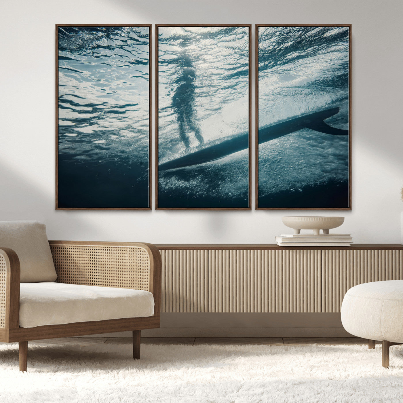 71192524-MGV-FC-48X32-3P_Walnut-Submerged Surf Wall Art Canvas Print, Framed Underwater Perspective Art Picture Print, Ocean Surf Perfect Coastal Adventure Decor