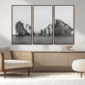 18810731-MGV-FC-48X32-3P_Walnut-Rugged Coastline Wall Art Canvas Print, Framed Ocean Cliffs Art Picture Print, Monochrome Seascape Perfect Coastal Minimalist