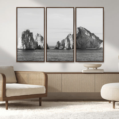 18810731-MGV-FC-48X32-3P_Walnut-Rugged Coastline Wall Art Canvas Print, Framed Ocean Cliffs Art Picture Print, Monochrome Seascape Perfect Coastal Minimalist