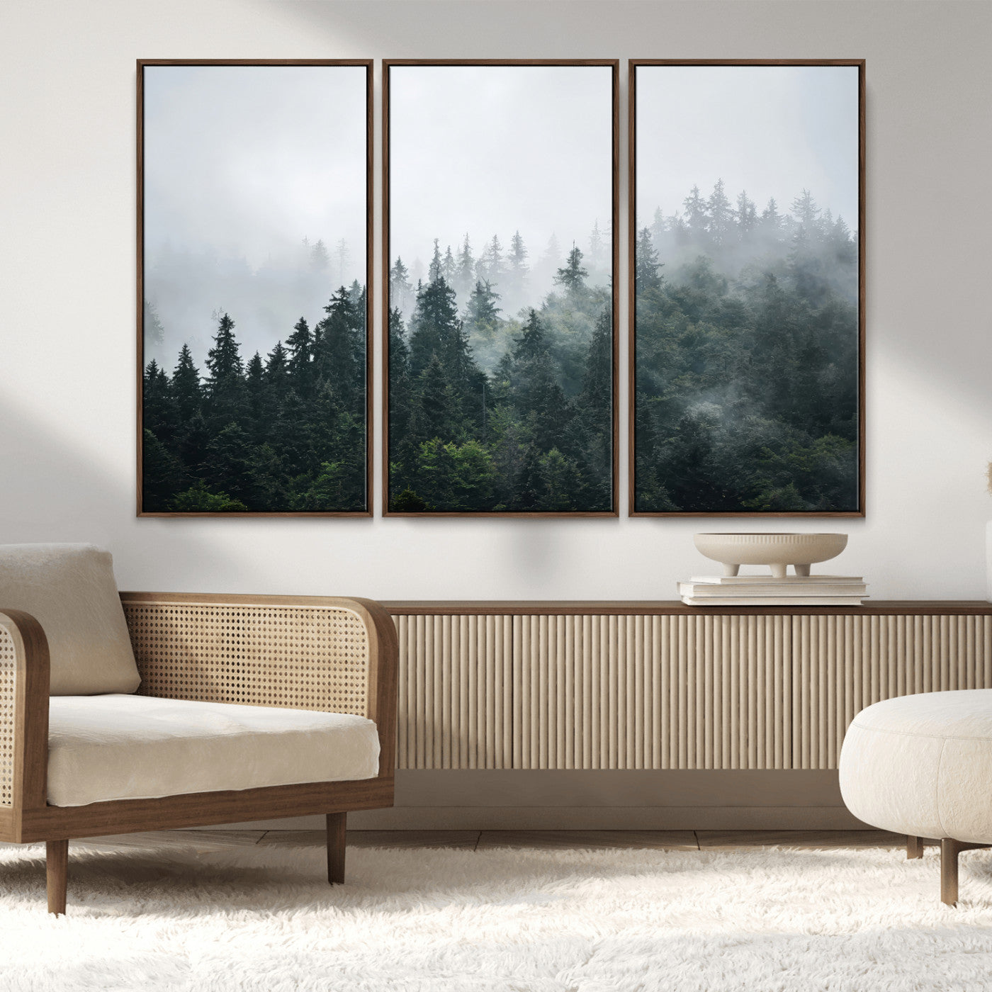 84146572-MGV-FC-48X32-3P_Walnut-Foggy Pine Trees Wall Art Canvas Print, Framed Forest Nature Art Picture Print, Evergreen Forest Perfect Scandinavian Minimalist