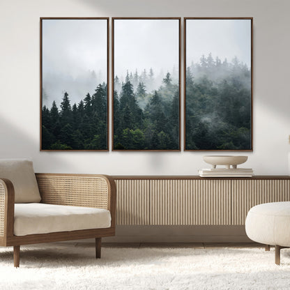 84146572-MGV-FC-48X32-3P_Walnut-Foggy Pine Trees Wall Art Canvas Print, Framed Forest Nature Art Picture Print, Evergreen Forest Perfect Scandinavian Minimalist