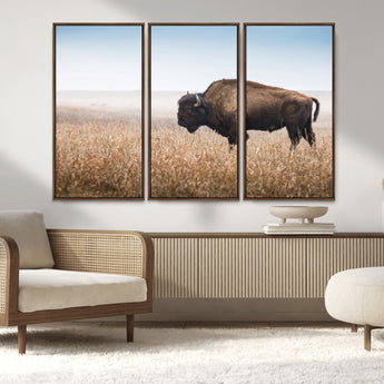 99620201-MGV-FC-48X32-3P_Walnut-Wild Bison Wall Art Canvas Print, Framed Bison in Prairie Art Picture Print, Rustic Western Perfect Rustic Western Decor Artwork