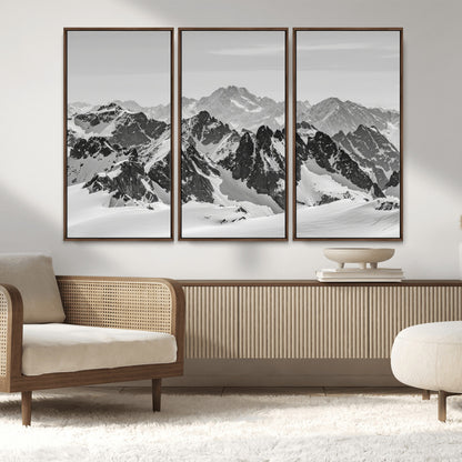 46884246-MGV-FC-48X32-3P_Walnut-Snowy Mountain Wall Art Canvas Print, Framed Mountain Peaks Art Picture Print, Alpine Mountains Perfect Minimalist Alpine Decor