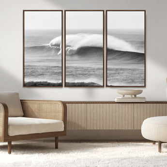 42544082-MGV-CV-36X24-Monochrome Seascape Wall Art Canvas Print, Framed Surf Wave Art Picture Print, Minimalist Ocean Perfect Moody Coastal Decor