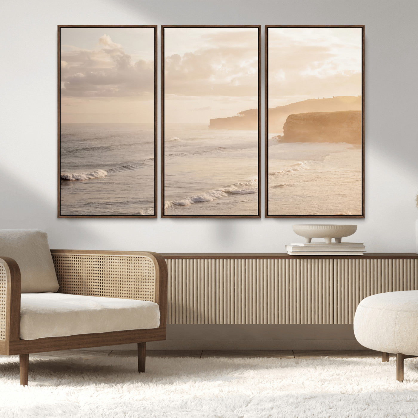 57669769-MGV-FC-48X32-3P_Walnut-Misty Coastal Wall Art Canvas Print, Framed Golden Sunset Art Picture Print, Serene Shoreline Perfect Tranquil Coastal Decor