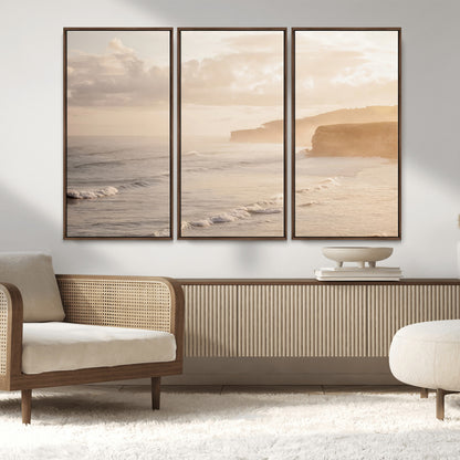 57669769-MGV-FC-48X32-3P_Walnut-Misty Coastal Wall Art Canvas Print, Framed Golden Sunset Art Picture Print, Serene Shoreline Perfect Tranquil Coastal Decor