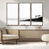 40875891-MGV-CV-36X24-SurferCliffs Wall Art Canvas Print, Framed Black White Beach Art Picture Print, Ocean Waves Perfect Minimalist Coastal Decor