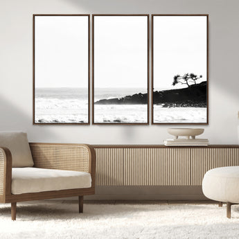 40875891-MGV-CV-36X24-SurferCliffs Wall Art Canvas Print, Framed Black White Beach Art Picture Print, Ocean Waves Perfect Minimalist Coastal Decor