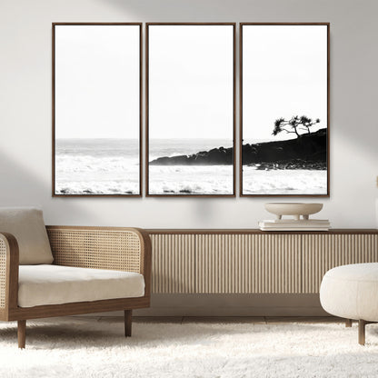 40875891-MGV-CV-36X24-SurferCliffs Wall Art Canvas Print, Framed Black White Beach Art Picture Print, Ocean Waves Perfect Minimalist Coastal Decor