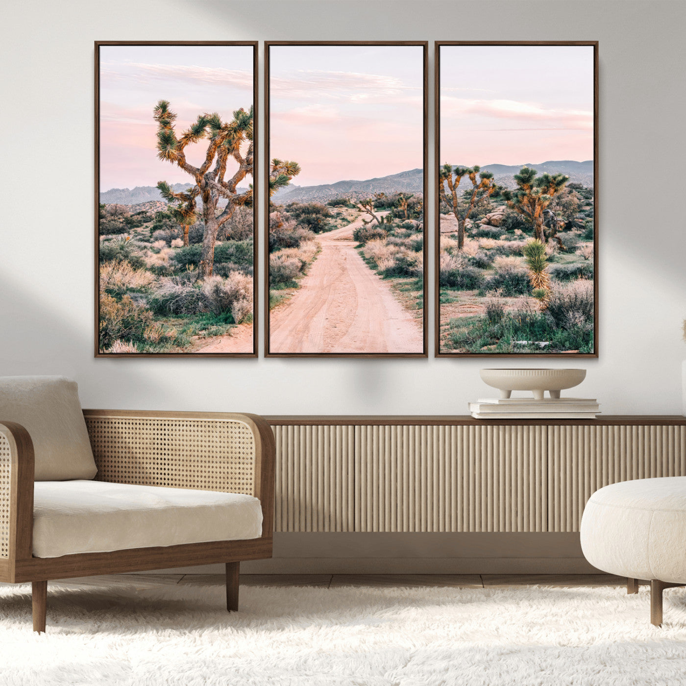 12540952-MGV-FC-48X32-3P_Walnut-Joshua Tree Park Wall Art Canvas Print, Framed Desert Road Art Picture Print, Sunset Drive Perfect Southwestern Boho Decor Artwork