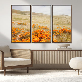 28972262-MGV-CV-36X24-Golden Wildflowers Wall Art Canvas Print, Framed Hills Bloom Art Picture Print, Poppy Meadow Perfect Rustic Nature Decor Artwork