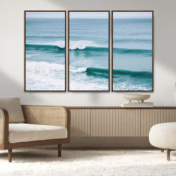 73692470-MGV-FC-48X32-3P_Walnut-Ocean Swell Wall Art Canvas Print, Framed Surf Waves Art Picture Print, Blue Water Perfect Coastal Dynamic Decor Artwork