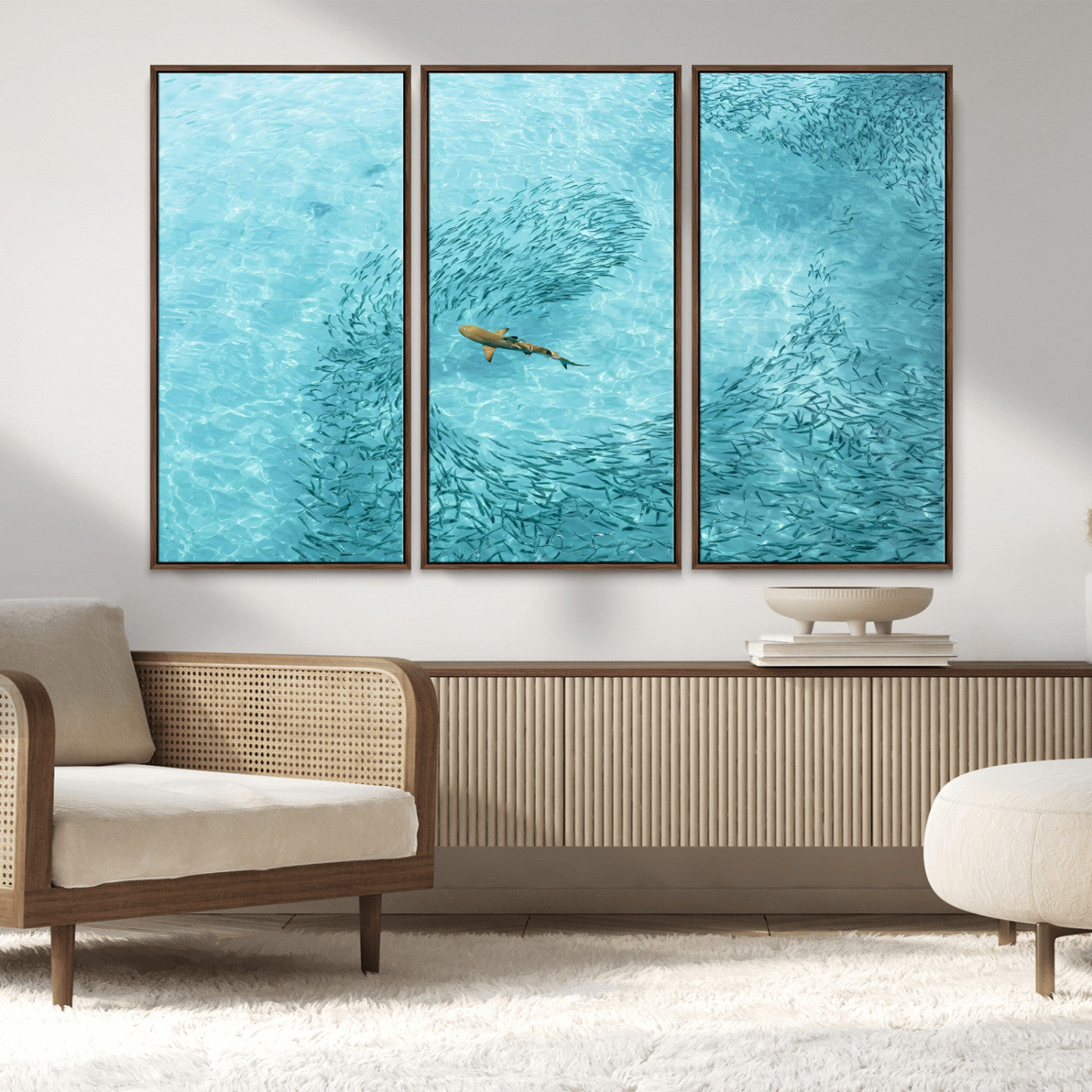 43671474-MGV-CV-36X24-Fish Swarm Wall Art Canvas Print, Framed Marine Life Art Picture Print, Shark Aerial Perfect Wildlife Coastal Decor Artwork