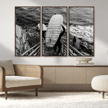 32353707-MGV-CV-36X24-Black White Surfing Wall Art Canvas Print, Framed Coastal Surfing Art Picture Print, Wave Riders Perfect Coastal Adventure Decor