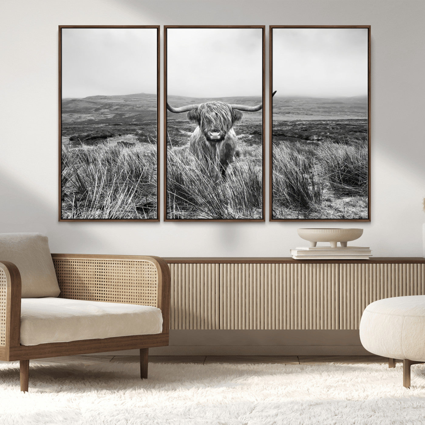 24051061-MGV-FC-48X32-3P_Walnut-Monochrome Highland Cow Wall Art Canvas Print, Framed Scottish Bull Art Picture Print, Lone Cattle Perfect Rustic Farmhouse Decor