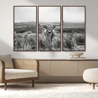 24051061-MGV-FC-48X32-3P_Walnut-Monochrome Highland Cow Wall Art Canvas Print, Framed Scottish Bull Art Picture Print, Lone Cattle Perfect Rustic Farmhouse Decor