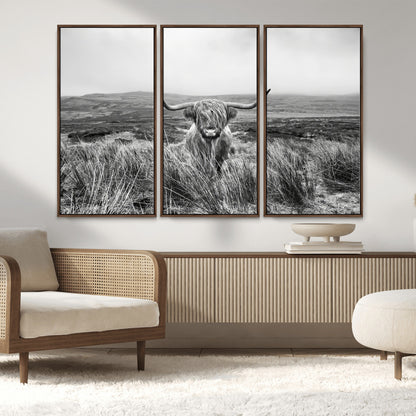 24051061-MGV-FC-48X32-3P_Walnut-Monochrome Highland Cow Wall Art Canvas Print, Framed Scottish Bull Art Picture Print, Lone Cattle Perfect Rustic Farmhouse Decor