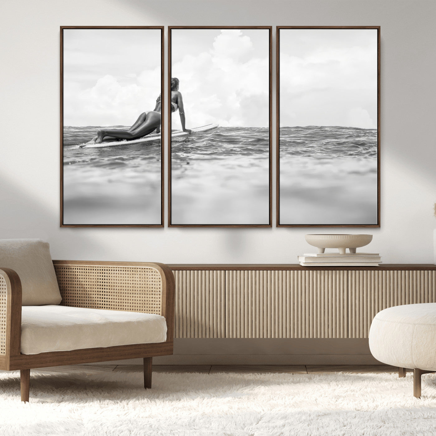 69798068-MGV-FC-48X32-3P_Walnut-Black White Surfing Wall Art Canvas Print, Framed Ocean Horizon Art Picture Print, Surfer Girl Perfect Coastal Adventure Decor