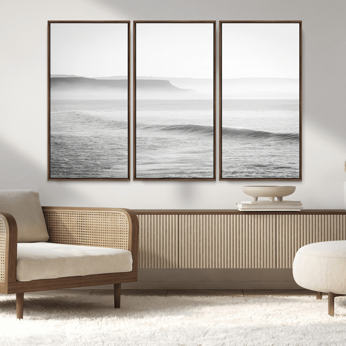 60635783-MGV-CV-36X24-Black White Seascape Wall Art Canvas Print, Framed Ocean Waves Art Picture Print, Misty Coastal Perfect Minimalist Coastal Decor