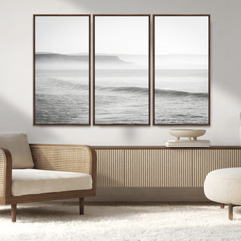 60635783-MGV-CV-36X24-Black White Seascape Wall Art Canvas Print, Framed Ocean Waves Art Picture Print, Misty Coastal Perfect Minimalist Coastal Decor