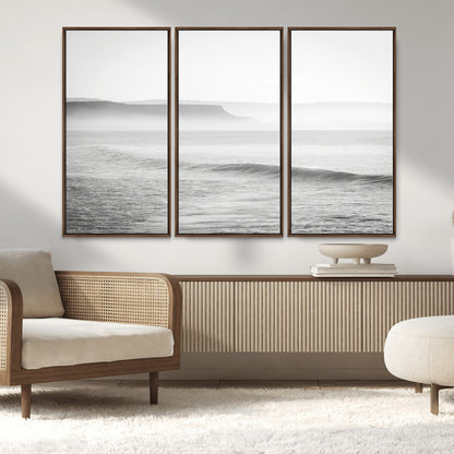 60635783-MGV-CV-36X24-Black White Seascape Wall Art Canvas Print, Framed Ocean Waves Art Picture Print, Misty Coastal Perfect Minimalist Coastal Decor