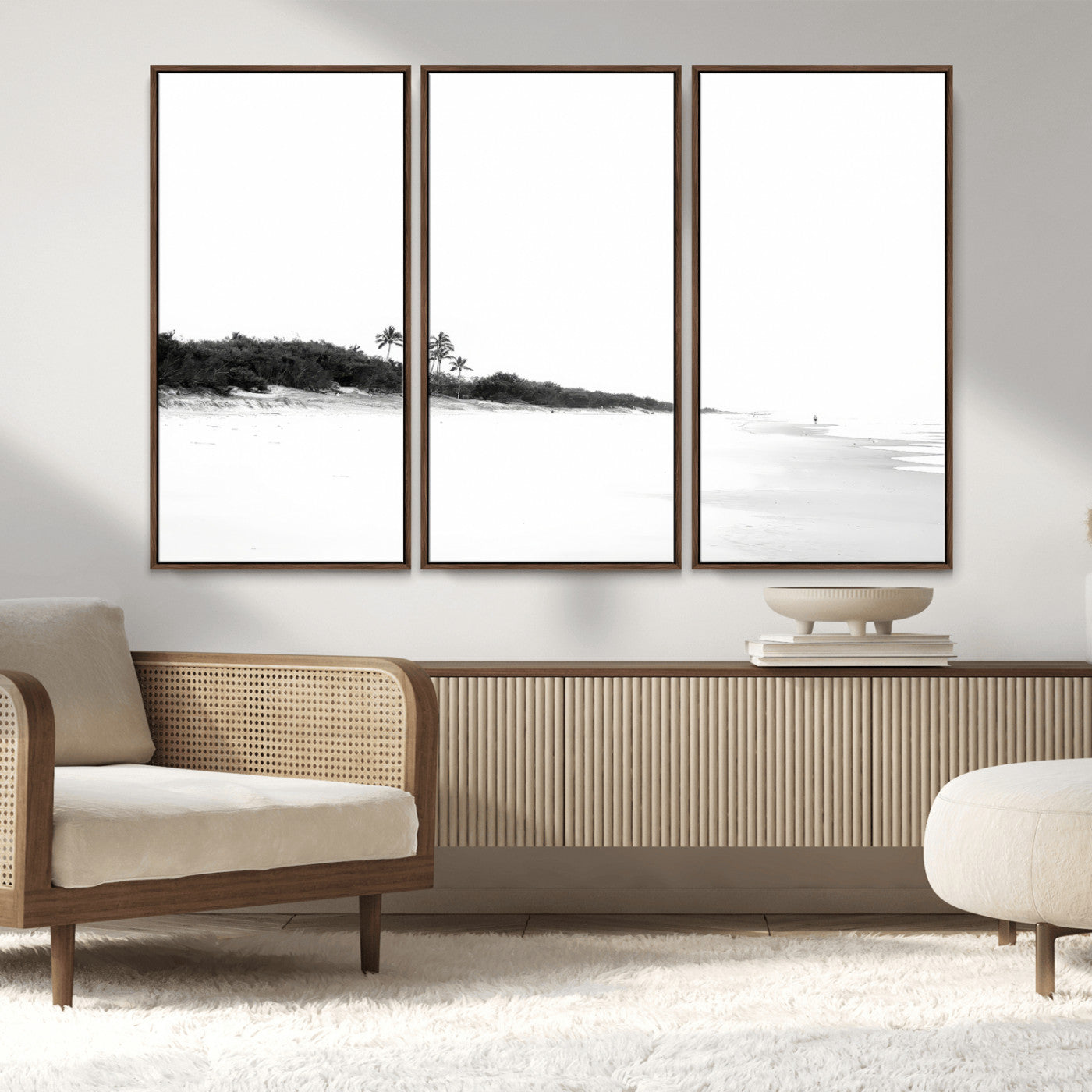 29611516-MGV-FC-48X32-3P_Walnut-Black White Beach Wall Art Canvas Print, Framed Palm Trees Art Picture Print, Monochrome Tropical Perfect Minimalist Coastal Decor